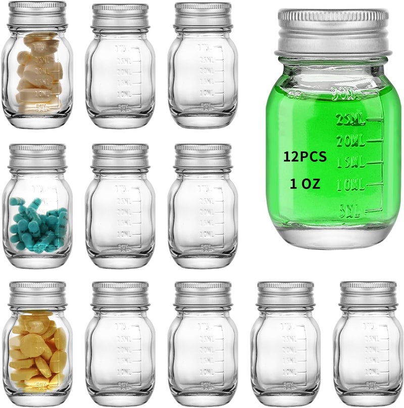 eispap 12 PC Glass medicine bottles 1oz 30 ml Glass Reagent Bottles Transparent Sample Jar,Wide Mouth,Screw Cap with Scale for Home, Argent Lid - Image 1